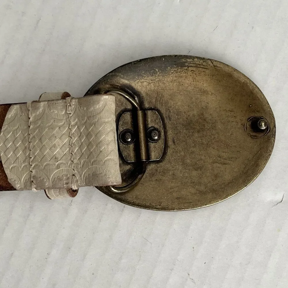 Free People Duke Concho Belt Brass Oval Buckle Leather Western Boho M/L 42”